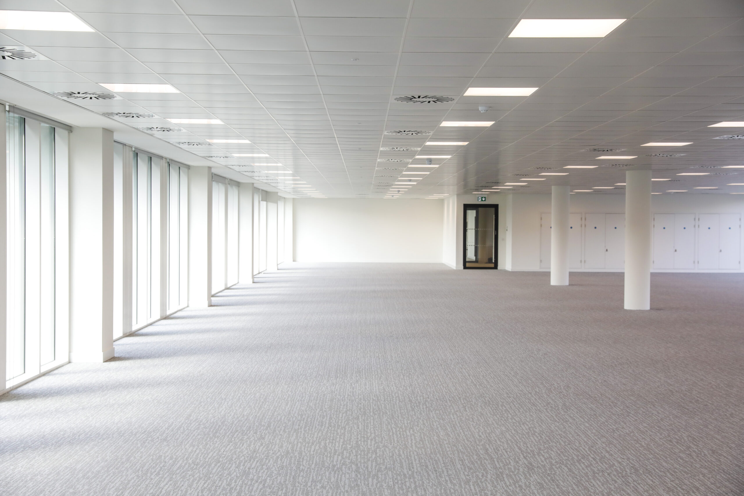 This empty office space features large windows, pristine white walls, and a gray carpeted floor