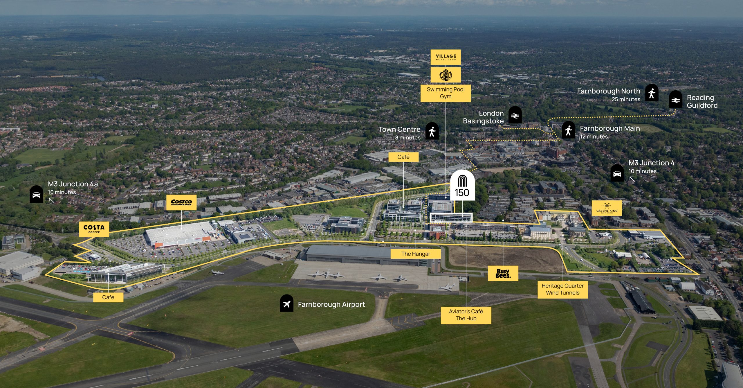 Aerial view of Farnborough Airport and surrounding area, showcasing labeled landmarks and roads