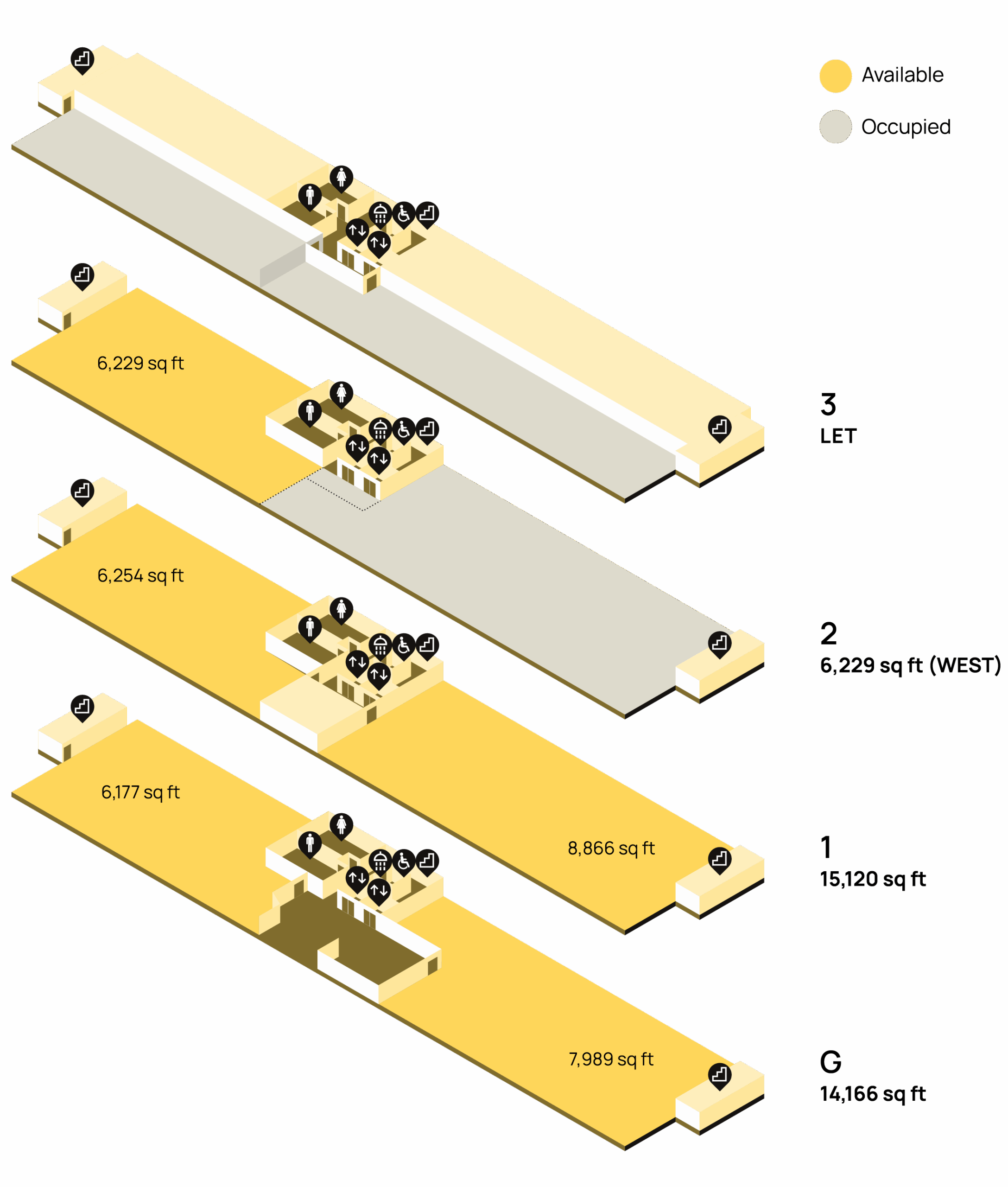 Four floor plans show available and occupied spaces in a building, with square footage labeled.