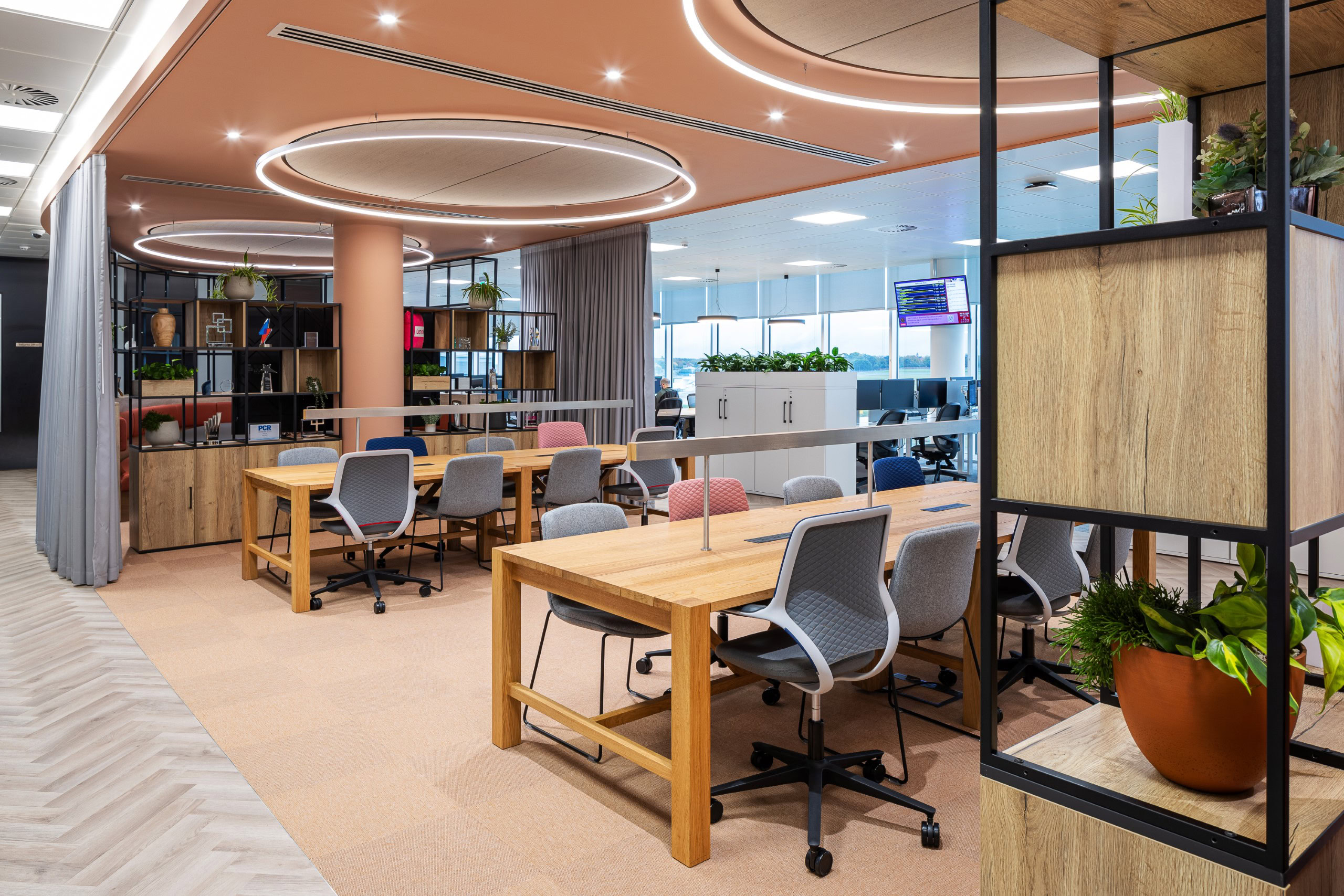 Modern open-plan office space with wooden tables, gray chairs, and greenery