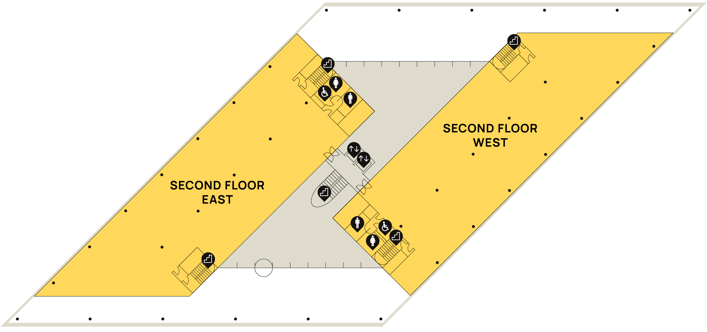 Floor plan diagram showcasing the second floor east and west sections of an office building