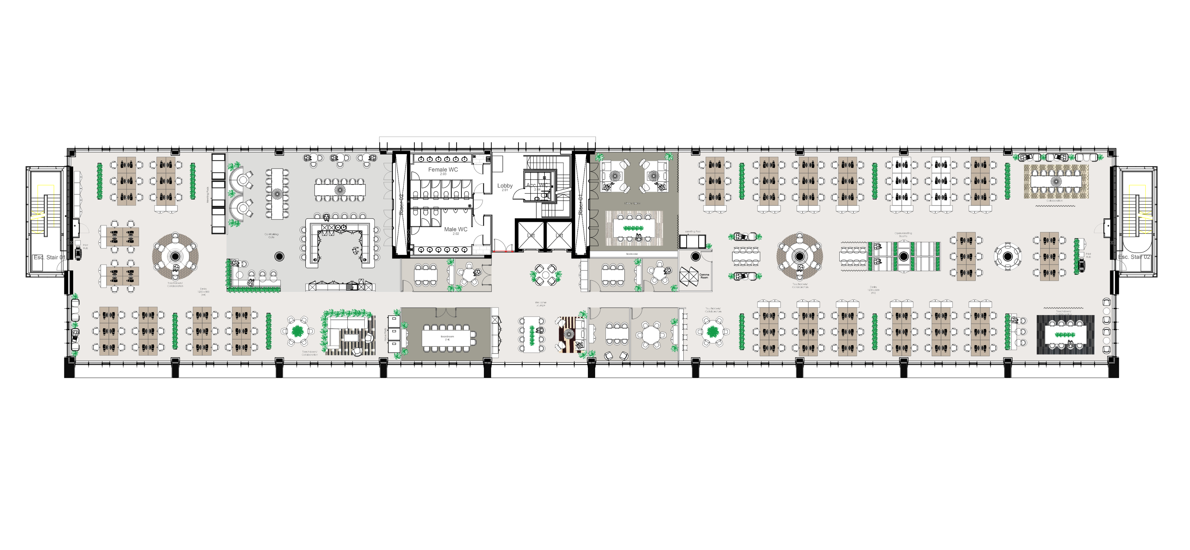 A detailed floor plan of an office space shows desks, meeting rooms, lounge areas, and workstations