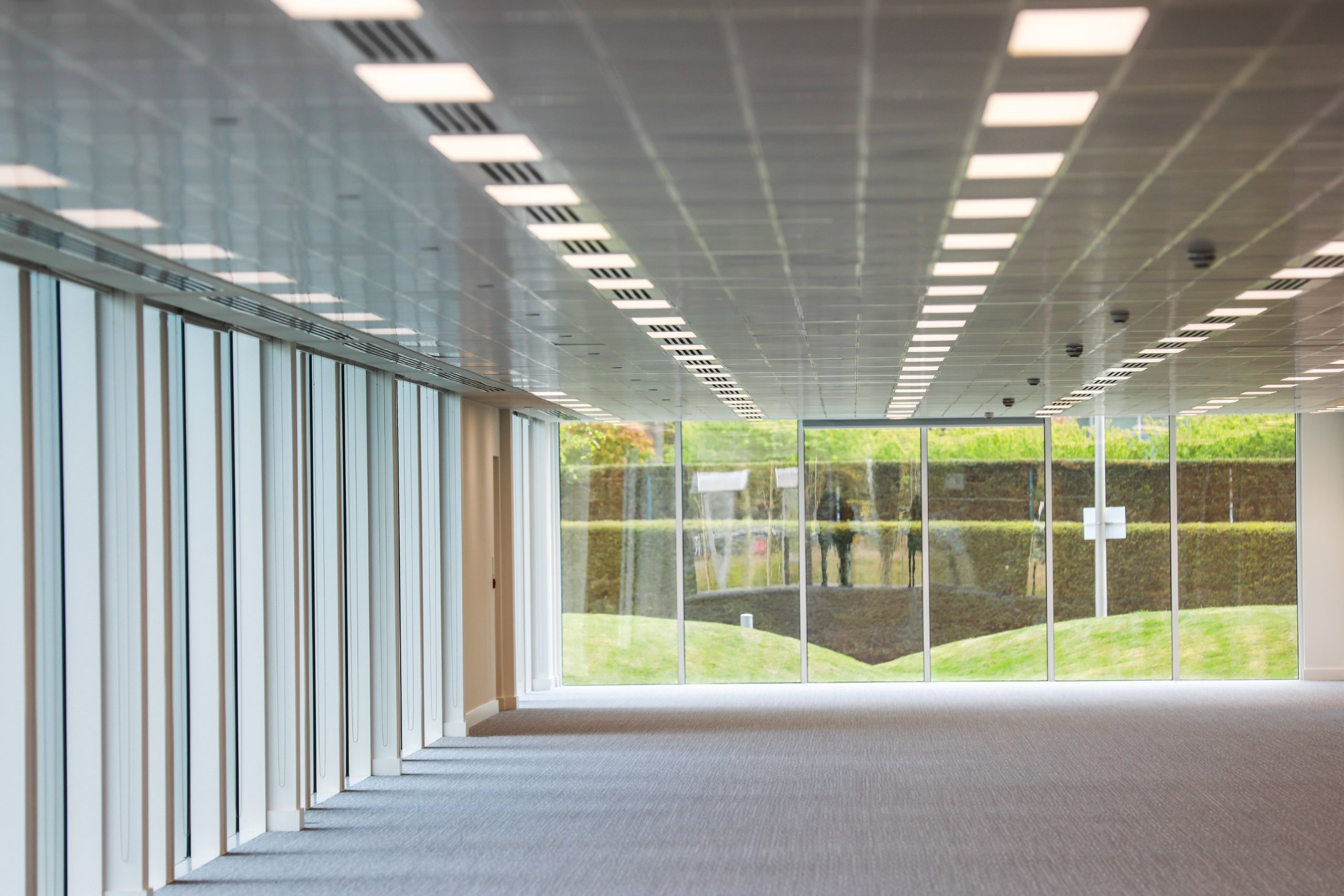 An office space within a business park features carpeted floors and floor-to-ceiling windows