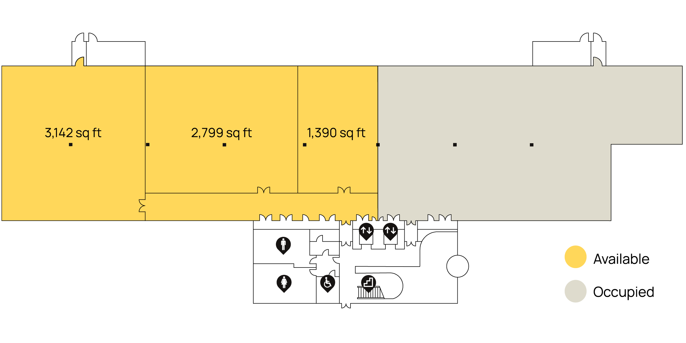 Floor plan with three labeled sections: 3,142 sq ft, 2,799 sq ft, and 1,390 sq ft.