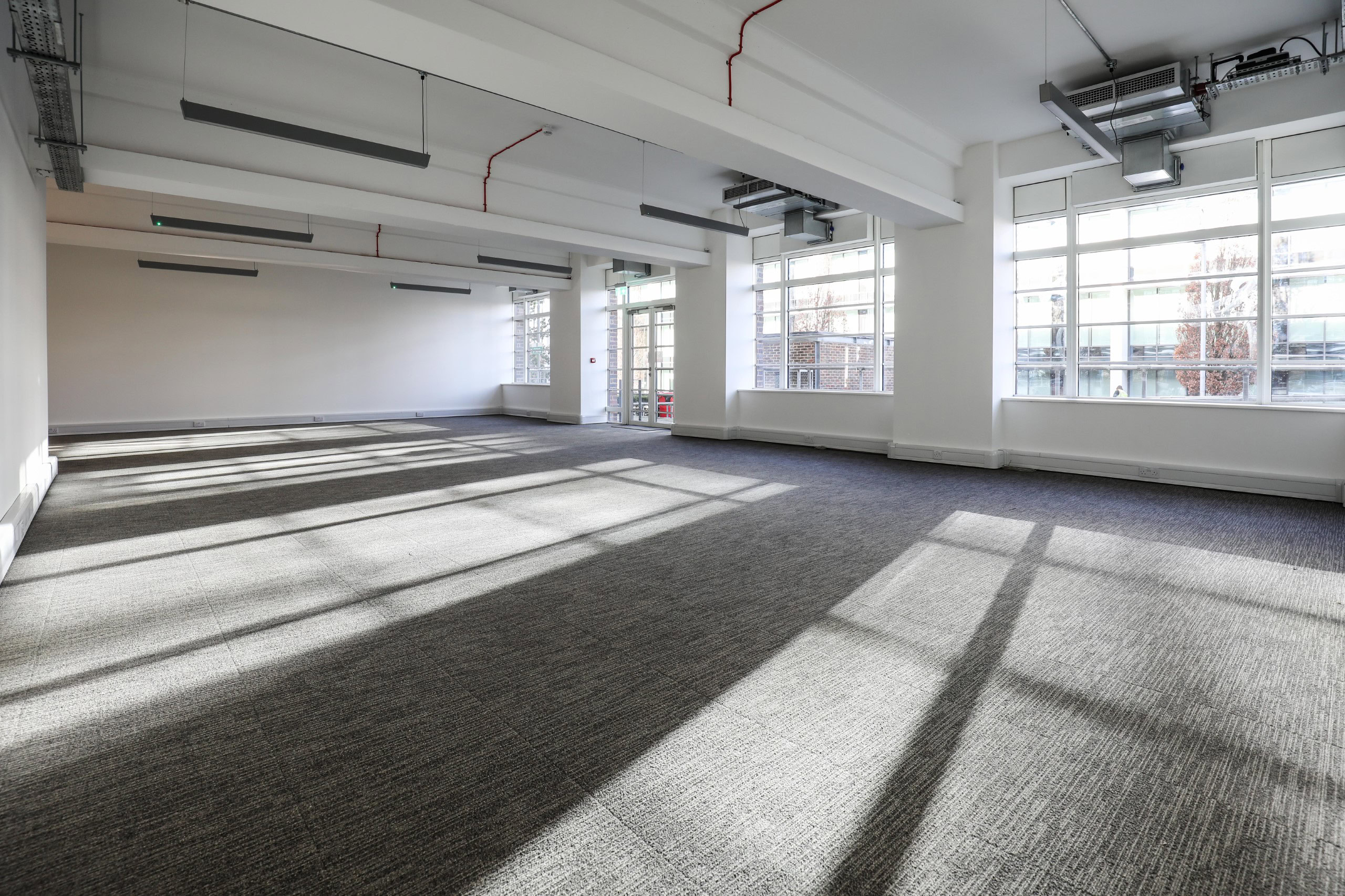 An office space in a business park features large windows, carpeted flooring, & overhead lighting