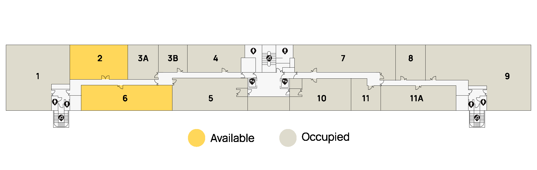 Floor plan with numbered rooms, two in yellow.