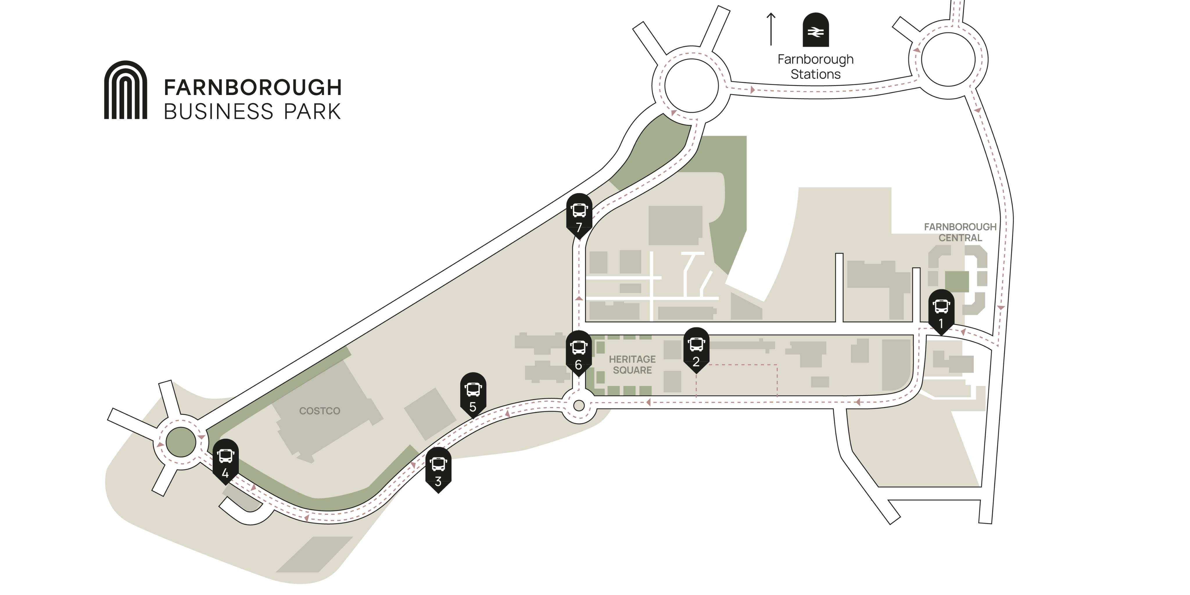 Map of Farnborough Business Park, highlighting roads, roundabouts, and labeled areas