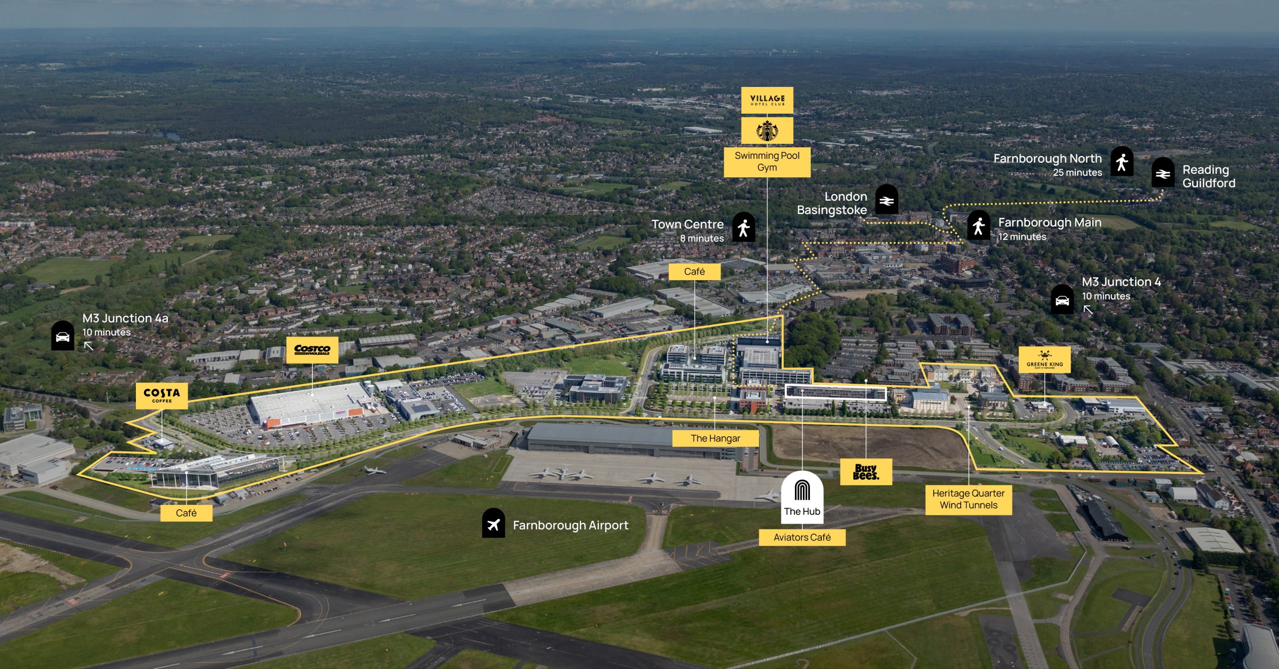 Aerial view of Farnborough Airport and surrounding area, showcasing labeled landmarks and roads