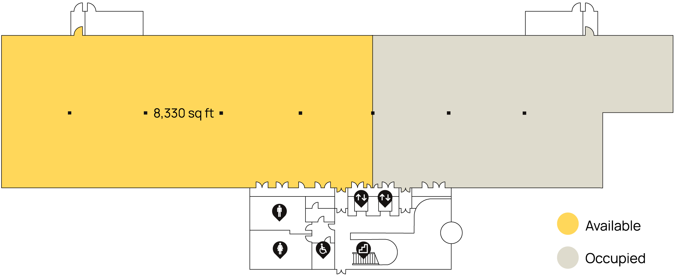 Floor plan of a hall in an office building, featuring two office spaces