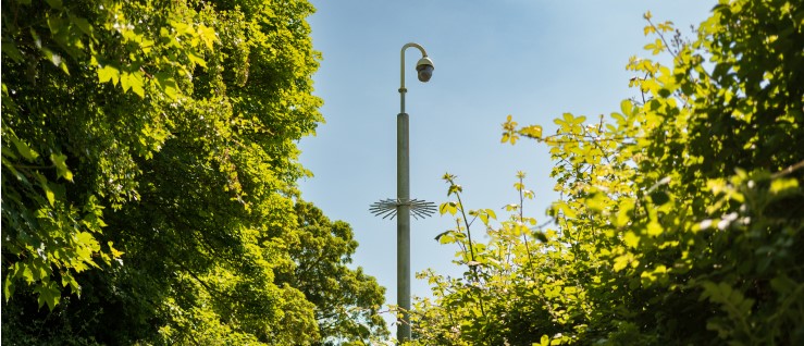 A surveillance camera atop a tall pole watches over green foliage and trees of the business park