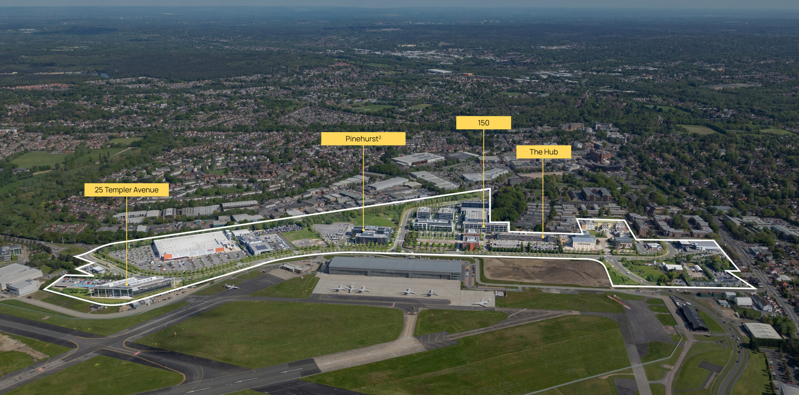 Aerial view of office buildings: 25 Templer Avenue, Pinehurst, Building 150 and The Hub