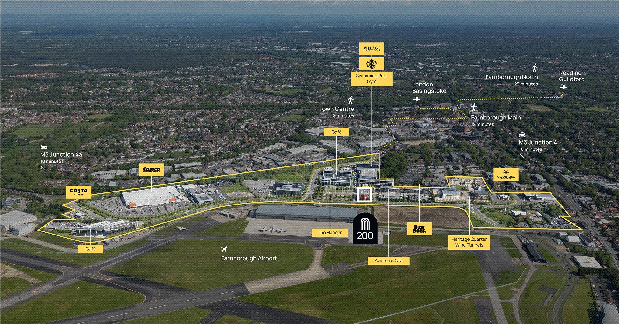Aerial view of a business park near Farnborough Airport with labeled buildings and surrounding areas.