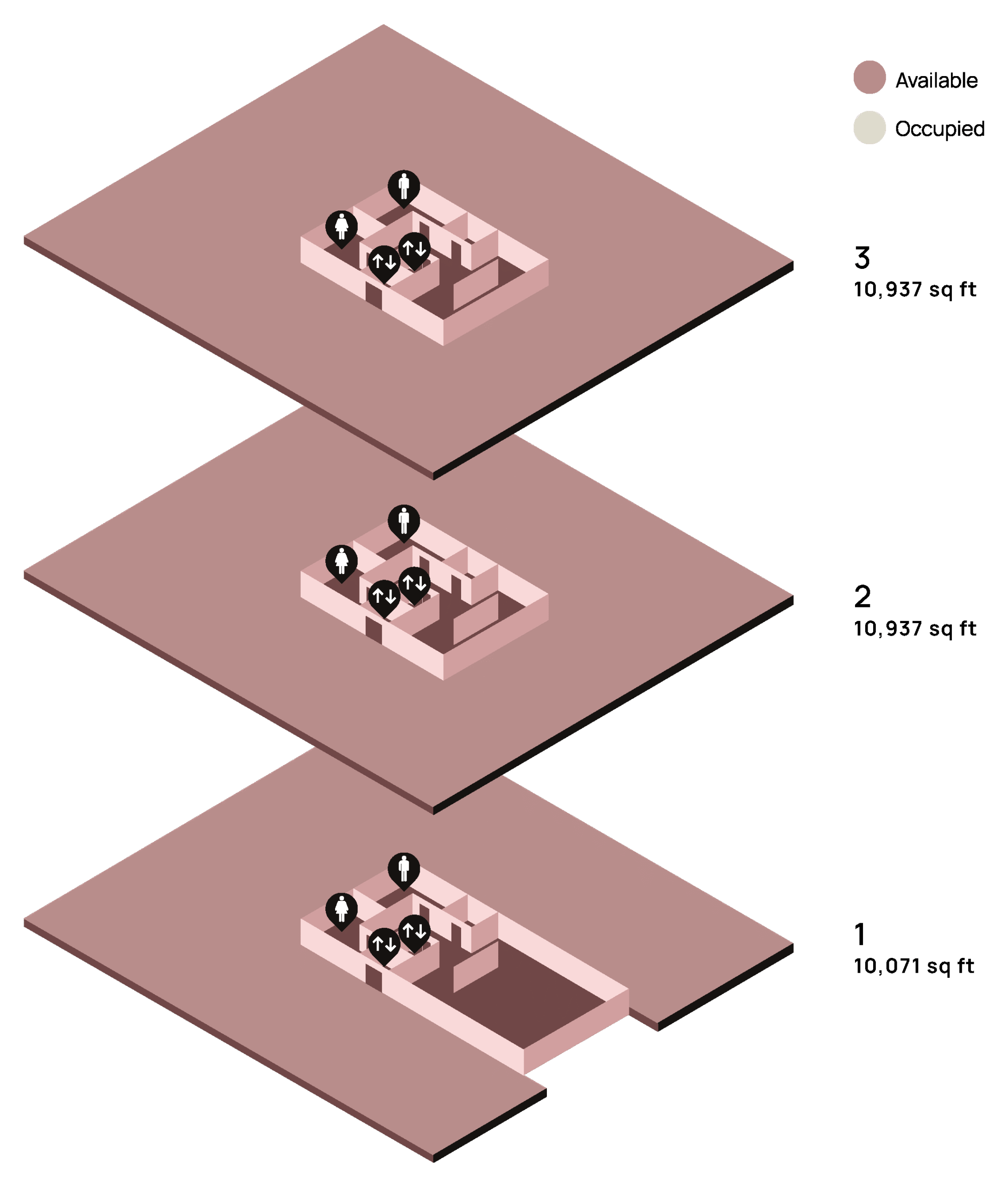 Three diagrams show floor plans of different building levels with rooms and labeled entry points.